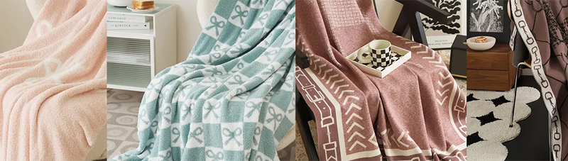 Assortment of custom knit blankets by Ruijing Textile in various colors and patterns, showcasing versatile designs for home and lifestyle.
